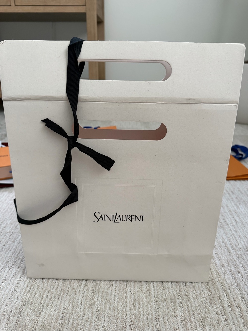 Saint Laurent Cream Tote with Black Ribbon Accent